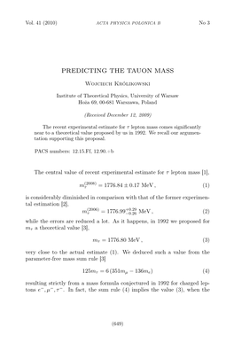 Predicting the Tauon Mass