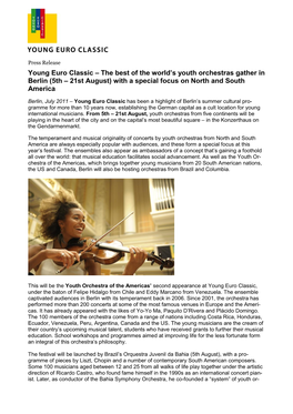 Young Euro Classic – the Best of the World’S Youth Orchestras Gather in Berlin (5Th – 21St August) with a Special Focus on North and South America