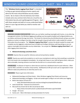 WINDOWS HUMIO LOGGING CHEAT SHEET - Win 7 - Win2012