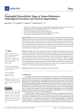 Neutrophil Extracellular Traps in Tumor Metastasis: Pathological Functions and Clinical Applications