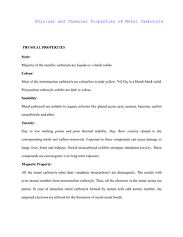 Physical and Chemical Properties of Metal Carbonyls