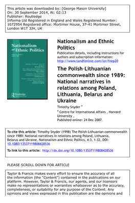 Nationalism and Ethnic Politics the Polish‐Lithuanian Commonwealth