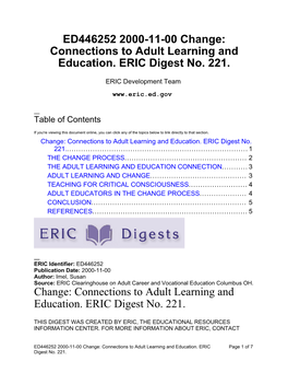 Connections to Adult Learning and Education. ERIC Digest No. 221