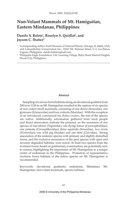 Non-Volant Mammals of Mt. Hamiguitan, Eastern Mindanao, Philippines