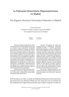 La Federación Universitaria Hispanoamericana En Madrid the Hispanic-American Universitary Federation in Madrid