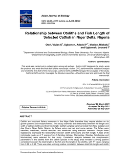 Relationship Between Otoliths and Fish Length of Selected Catfish in Niger Delta, Nigeria