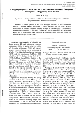 Calappa Pokipoki, a New Species of Box Crab (Crustacea: Decapoda: Brachyura: Calappidae) from Hawaii