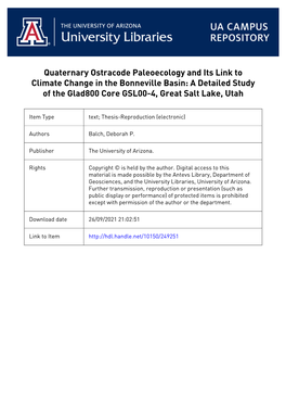 Quaternary Ostracode Paleoecology and Its Link to Climate Change in the Bonneville Basin: a Detailed Study of the Glad800 Core GSL00-4, Great Salt Lake, Utah