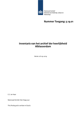 3.19.01 Inventaris Van Het Archief Der Heerlijkheid Alblasserdam