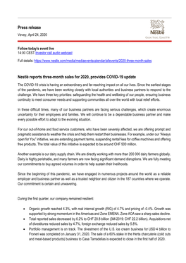 Press Release Nestlé Reports Three-Month Sales for 2020, Provides COVID-19 Update