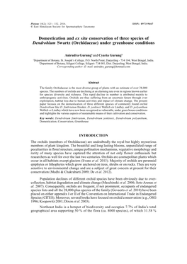 Domestication and Ex Situ Conservation of Three Species of Dendrobium Swartz (Orchidaceae) Under Greenhouse Conditions