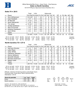 Official Basketball Box Score -- Game Totals -- Final Statistics Duke Vs North Carolina 03/15/19 9:00 Pm at Spectrum Center (Charlotte, N.C.)