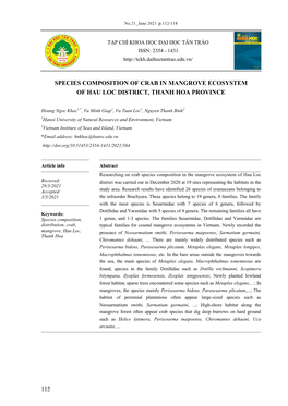 Species Composition of Crab in Mangrove Ecosystem of Hau Loc District, Thanh Hoa Province