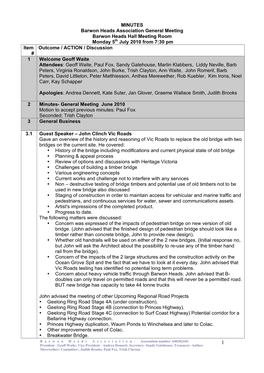 MINUTES Barwon Heads Association General Meeting Barwon Heads Hall Meeting Room Monday 5Th July 2010 from 7:30 Pm Item # Outc