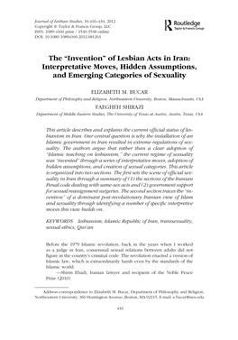 Of Lesbian Acts in Iran: Interpretative Moves, Hidden Assumptions, and Emerging Categories of Sexuality