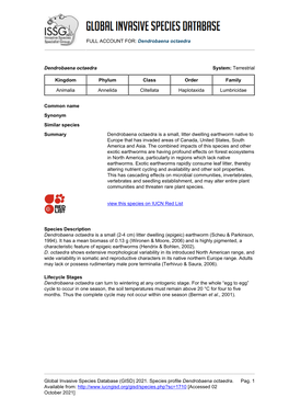 FULL ACCOUNT FOR: Dendrobaena Octaedra Global Invasive Species