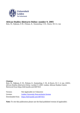 African Studies Abstracts Online: Number 9, 2005 Boin, M.; Eijkman, E.M.; Polman, K.; Sommeling, C.M.; Doorn, M.C.A
