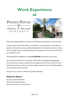 Penlee House Gallery & Museum Can Offer Four Work Experience Placements in Each School Year