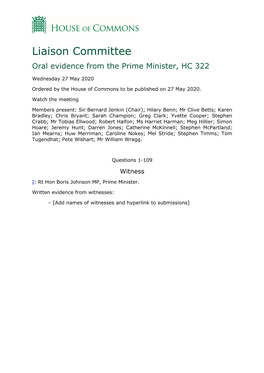 Liaison Committee Oral Evidence from the Prime Minister, HC 322