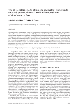 The Allelopathic Effects of Juglone and Walnut Leaf Extracts on Yield, Growth, Chemical and PNE Compositions of Strawberry Cv