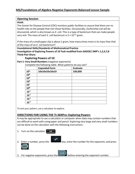 MS/Foundations of Algebra Negative Exponents Balanced Lesson Sample