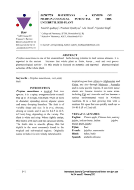 Ziziphus Mauritiana : a Review on Pharmacological Potential of This Underutilized Plant