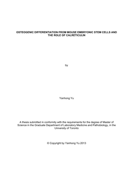 OSTEOGENIC DIFFERENTIATION from MOUSE EMBRYONIC STEM CELLS and the ROLE of CALRETICULIN by Yanhong Yu a Thesis Submitted in Conf