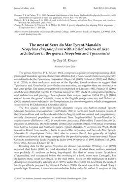 The Nest of Serra Do Mar Tyrant-Manakin Neopelma Chrysolophum with a Brief Review of Nest Architecture in the Genera Neopelma and Tyranneutes