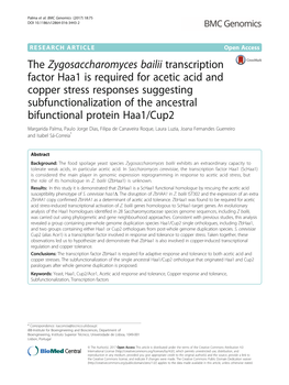 The Zygosaccharomyces Bailii Transcription Factor Haa1 Is Required for Acetic Acid and Copper Stress Responses Suggesting Subfun