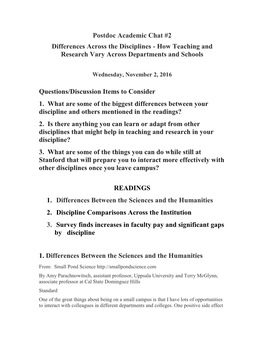 Postdoc Academic Chat #2 Differences Across the Disciplines - How Teaching and Research Vary Across Departments and Schools