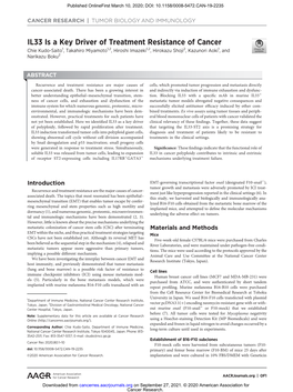 IL33 Is a Key Driver of Treatment Resistance of Cancer Chie Kudo-Saito1, Takahiro Miyamoto1,2, Hiroshi Imazeki1,2, Hirokazu Shoji2, Kazunori Aoki1, and Narikazu Boku2