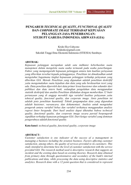 Pengaruh Technical Quality, Functional Quality Dan Corporate Image Terhadap Kepuasan Pelanggan Jasa Penerbangan: Studi Pt Garuda Indonesia Airways (Gia)