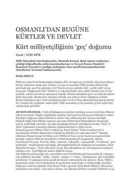 OSMANLI'dan BUGÜNE KÜRTLER VE DEVLET Kürt Milliyetçiliğinin