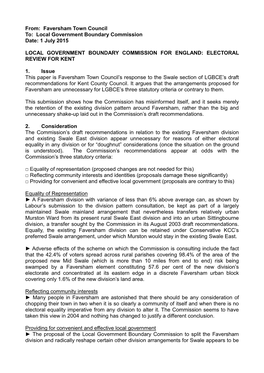 From: Faversham Town Council To: Local Government Boundary Commission Date: 1 July 2015 LOCAL GOVERNMENT BOUNDARY COMMISSION F