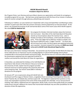 AAUW Wasatch Branch President’S Report for 2014-15