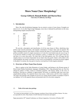 Moro Noun Class Morphology*