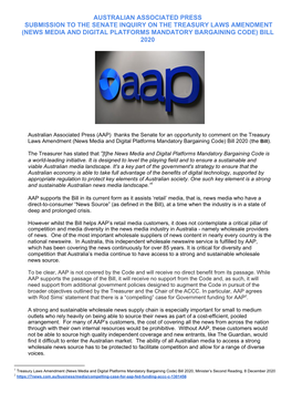 Australian Associated Press Submission to the Senate Inquiry on the Treasury Laws Amendment (News Media and Digital Platforms Mandatory Bargaining Code) Bill 2020