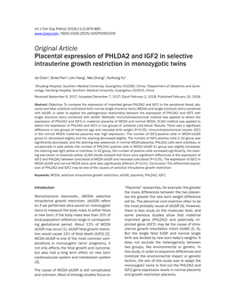 Original Article Placental Expression of PHLDA2 and IGF2 in Selective Intrauterine Growth Restriction in Monozygotic Twins