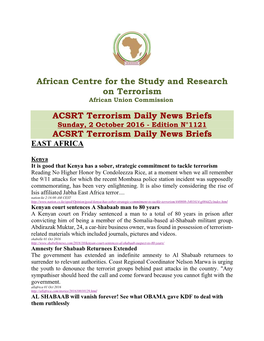 ACSRT Terrorism Daily News Briefs Sunday, 2 October 2016 - Edition N°1121 ACSRT Terrorism Daily News Briefs EAST AFRICA