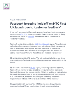 Facebook Forced to 'Hold Off' on HTC First UK Launch