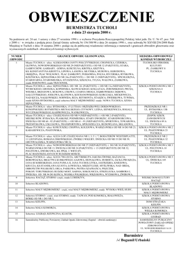 OBWIESZCZENIE BURMISTRZA TUCHOLI Z Dnia 23 Sierpnia 2000 R