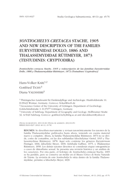 Sontiochelys Cretacea Stache, 1905 and New Description of the Families Eurysternidae Dollo, 1886 and Thalassemydidae Rütimeyer, 1873 (Testudines: Cryptodira)