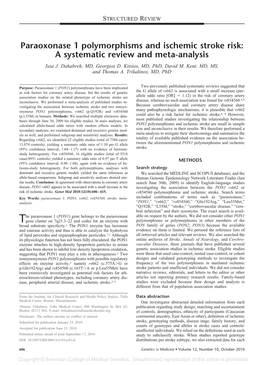 Paraoxonase 1 Polymorphisms and Ischemic Stroke Risk: a Systematic Review and Meta-Analysis Issa J