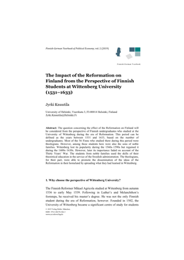 The Impact of the Reformation on Finland from the Perspective of Finnish Students at Wittenberg University (1531–1633)