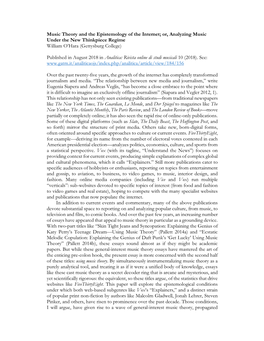 Music Theory and the Epistemology of the Internet; Or, Analyzing Music Under the New Thinkpiece Regime William O’Hara (Gettysburg College)