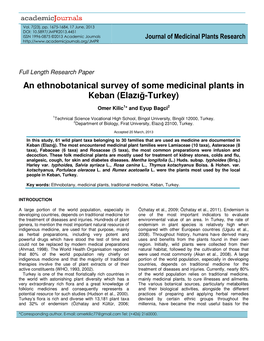 An Ethnobotanical Survey of Some Medicinal Plants in Keban (Elazı Ğ-Turkey)