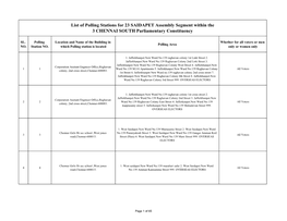 List of Polling Stations for 23 SAIDAPET Assembly Segment Within the 3 CHENNAI SOUTH Parliamentary Constituency