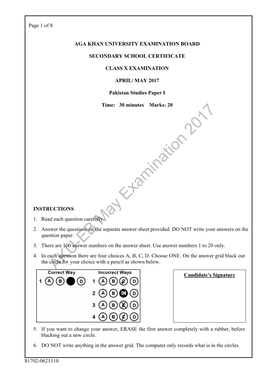 AKU-EB May Examination 2017 Candidate’S Signature