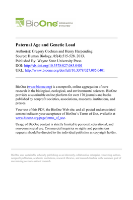 Paternal Age and Genetic Load Author(S): Gregory Cochran and Henry Harpending Source: Human Biology, 85(4):515-528