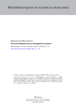 The Goals of Linguistic Theory and Applicative Grammar Mathématiques Et Sciences Humaines, Tome 77 (1982), P